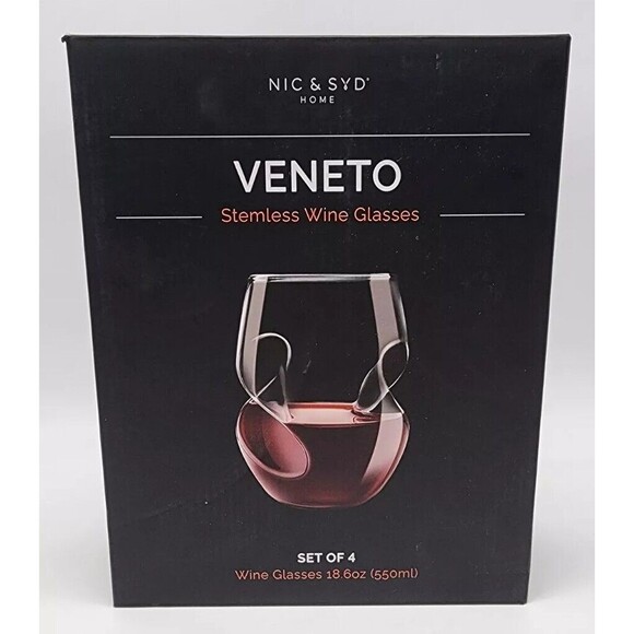 4 Venetian Stemless Wine Glasses NIC & SYD Home Clear Mouth Blown Glass 18 Oz - Picture 3 of 13